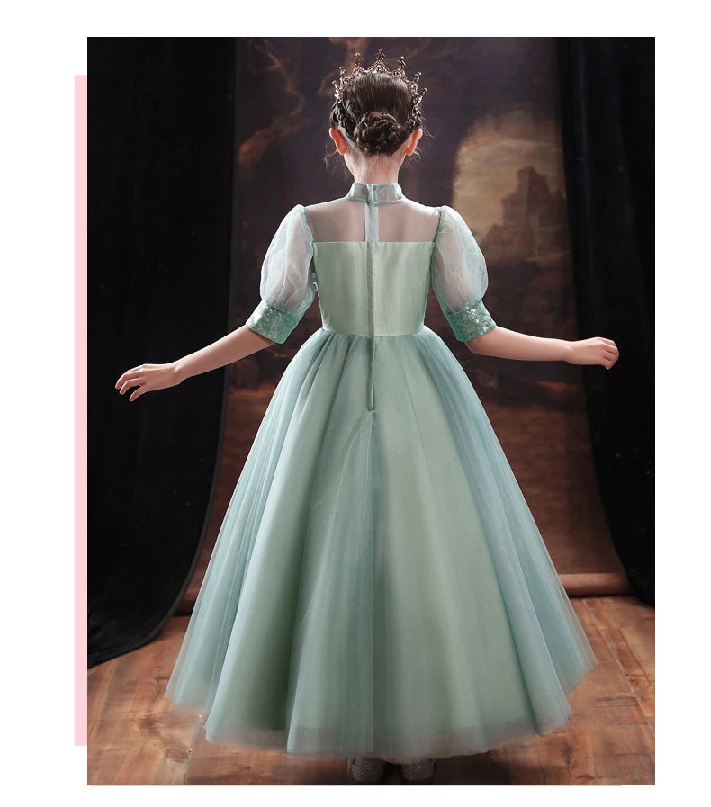 Children Clothing Green Dress for Girls 3 To 14 Year Elegant Formal Evening Dresses Long Luxury Cute Kid Wedding Party Ball Gown