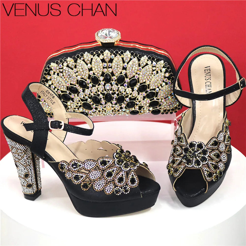 High Heel Shoes for Women Hollowed Out Embroidery Rhinestone Italian Design Rainbow Color Pointed-Toe Shoes and Bags Set