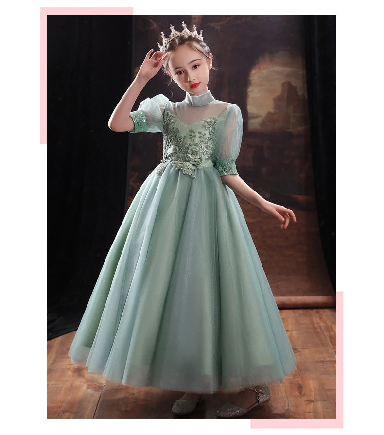 Children Clothing Green Dress for Girls 3 To 14 Year Elegant Formal Evening Dresses Long Luxury Cute Kid Wedding Party Ball Gown