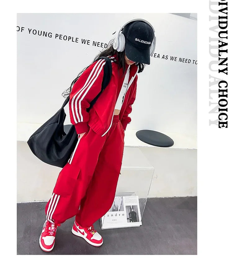 2025 New Girls Outfit Spring/fall Casual Striped Short Jacket  Wide Leg Pants 2-Pieces Fashion School Kids Sporty Tracksuit Set
