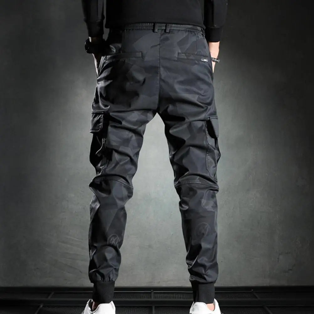 Men Cargo Pants Camouflage Print Drawstring Multi Pockets Bottoms Ankle Tied Trousers Autumn Elastic Waists Casual Sports Pants