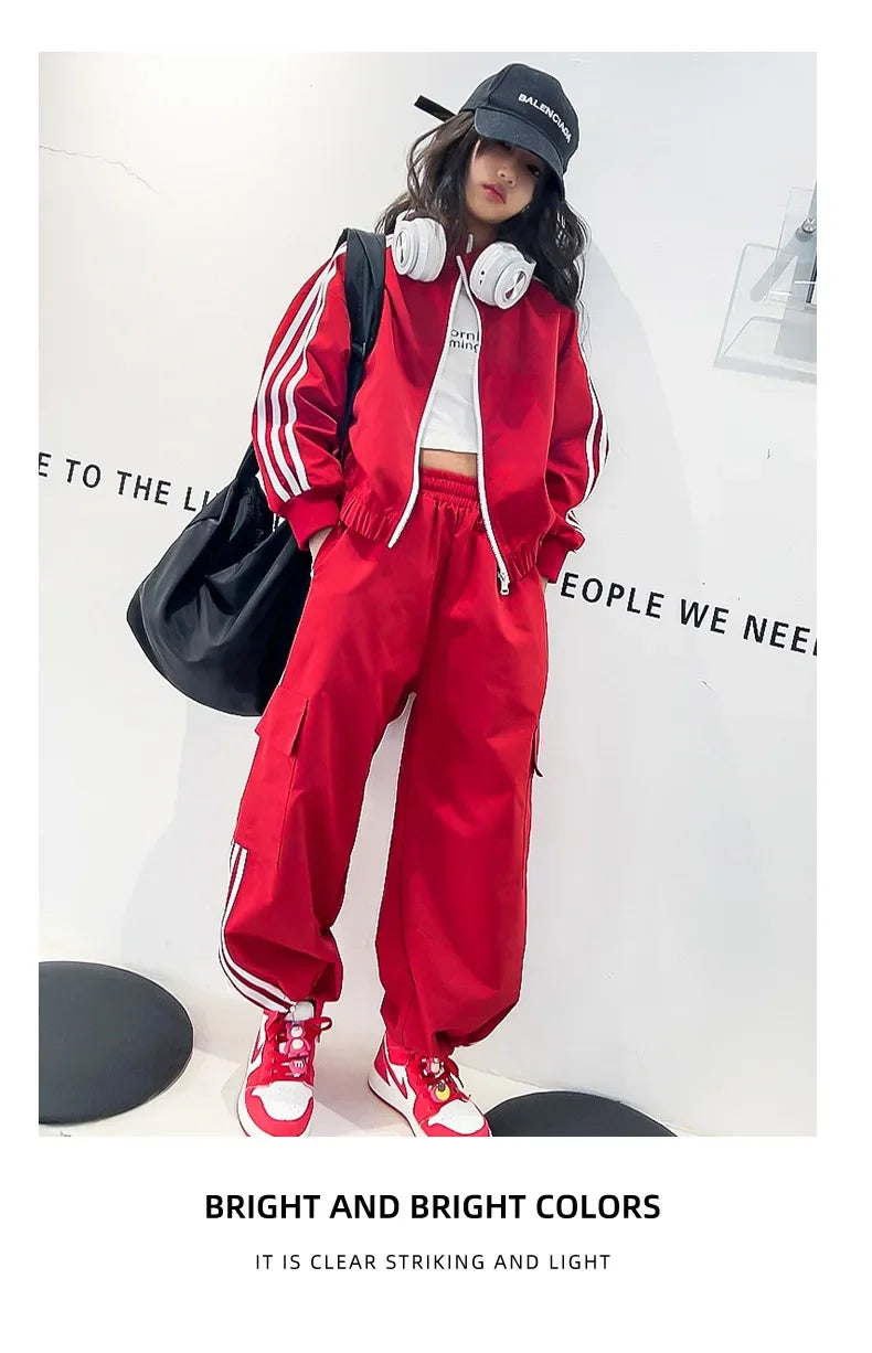 2025 New Girls Outfit Spring/fall Casual Striped Short Jacket  Wide Leg Pants 2-Pieces Fashion School Kids Sporty Tracksuit Set