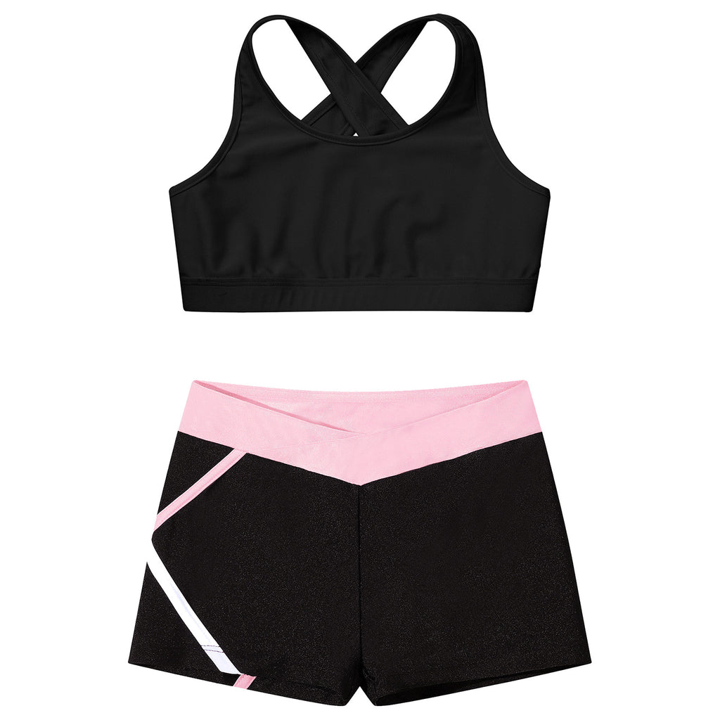 Kids Girls Dance Gymnastics Sports Outfits Sleeveless Crop Top with Shorts Tracksuit Set 2 PCS Yoga Workout Summer Girl Clothing