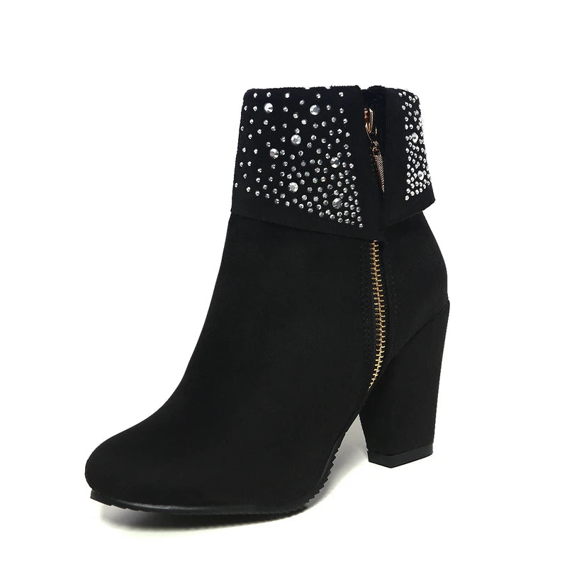 Rhinestone Crystal Sparkle Red Navy Blue Ankle Boots for Women Big Size 46 47 Zipper Chunky High Heels Bling Winter Warm Shoes