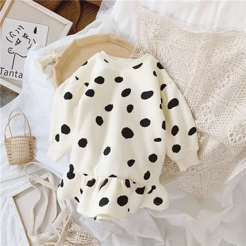 Girls Dress Autumn Spring New Girls' Splicing Pleated Dress Polka Dot Printed Baby Kids Casual Clothing