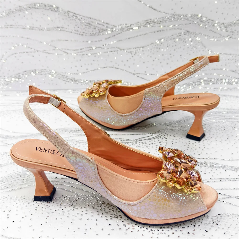 2025 New Rhinestone Design African Shoes & Bag Set in Green – Open Toe Comfortable Women's Heels - Hot Sale on Instagram