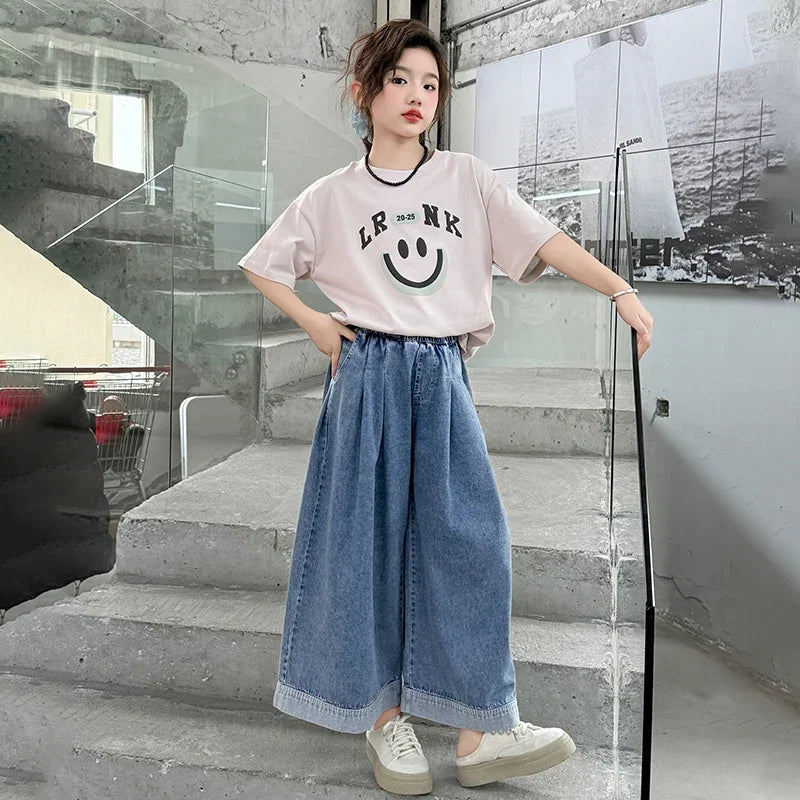 Girls Summer Clothes Sets Children Smiley Face Print Short-Sleeve T-Shirt + Denim Wide-Leg Pants Two-Piece Sets 2025 New