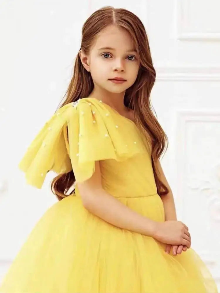 Girls Elegant Dress Tulle Evening Dresses Fashion Ball Performance Gown Solid Simple Girls Clothing Children Summer Frocks