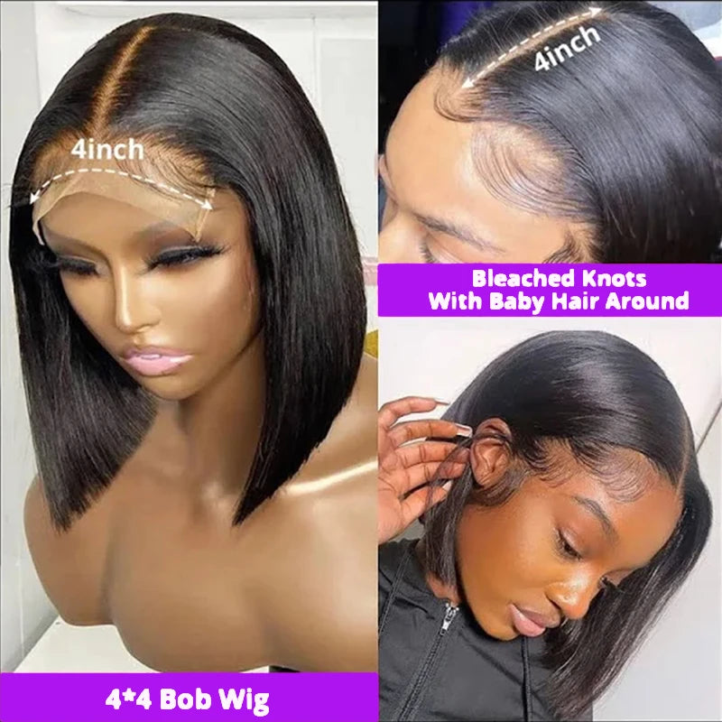 200 Density Straight 13X4 Lace Frontal Bob Wigs 100% Human Hair for Women Brazilian Remy Hair Pre Plucked Virgin Hair #1B 16inch
