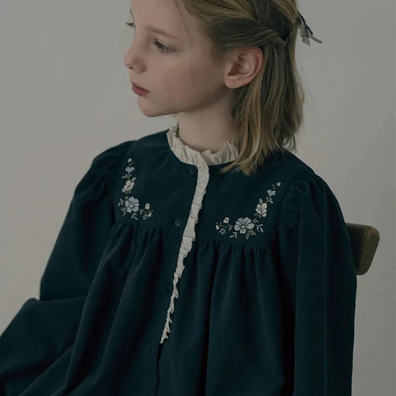 Girls Dresses 2025 Autumn Winter 100% Cotton Corduroy Black High-end Embroidered Dress Cardigan Woolen Sweater Kids's Clothing