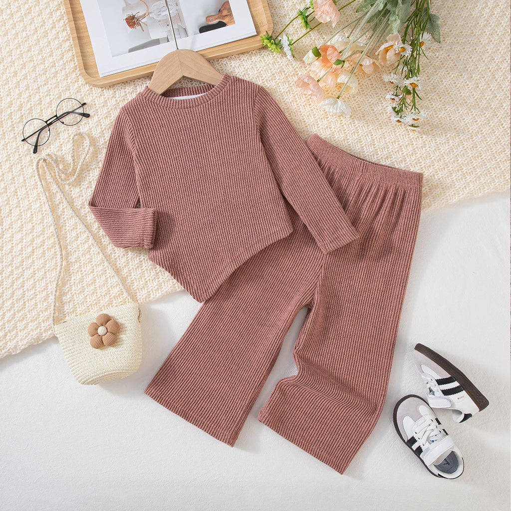 Girls' Solid-Colour Spring/Autumn Long-Sleeved Top and Casual Trousers Two-Piece Set, Trendy Outfit, Children's Fashion Clothing
