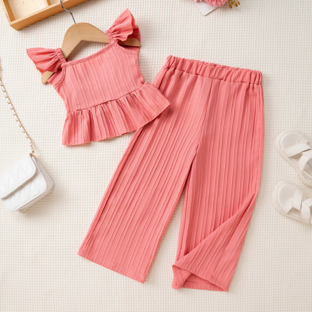 2025 Girls' Fashion Summer clothes Sets fly sleeves Tops + Pants Suits Y2K Street Casual 2pcs Children Clothing