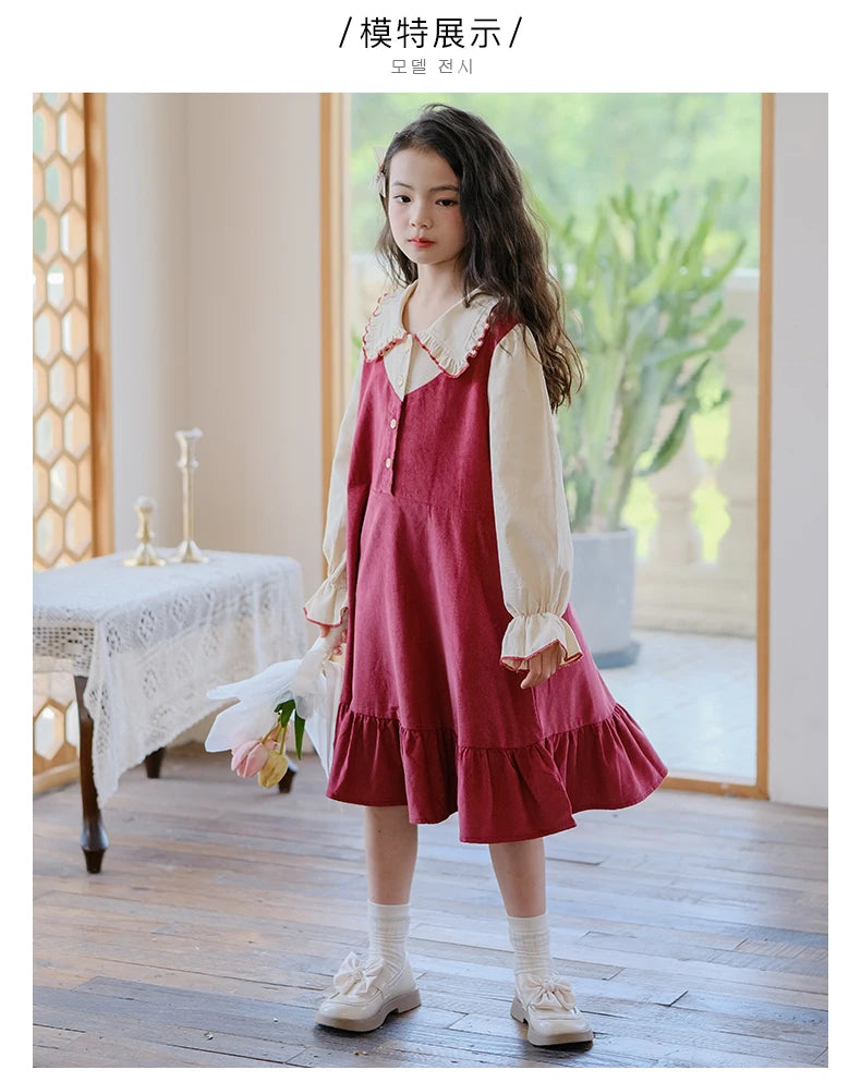 Girls Dress 2023 Winter Korean Style Children's Clothing Girls Fake Two-Piece Lapel Forest Fishtail Skirt Corduroy Princess Dress