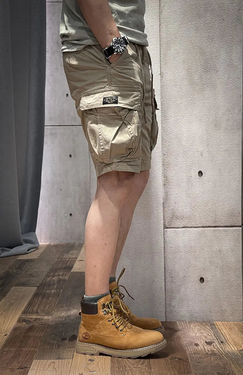 Half Men's Cargo Shorts Solid With Draw String Khaki Male Bermuda Short Pants Summer Korean Style Baggy Elastic Waist Homme Y2k