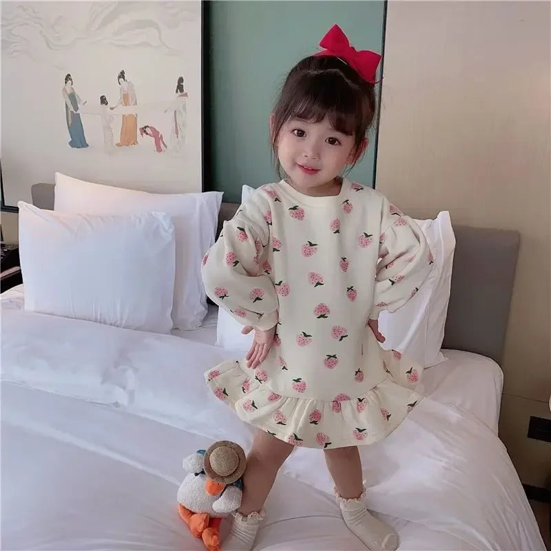 Girls Dress Autumn Spring New Girls' Splicing Pleated Dress Polka Dot Printed Baby Kids Casual Clothing