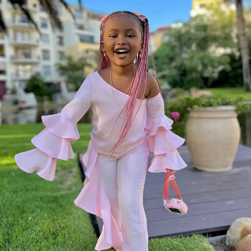 1-8Y Children's clothing sets For Girls Pink Off Shoulder Long Sleeve Shirt Tops+Ruffled Pants Baby Kids Girls Autumn Clothing