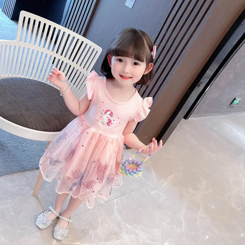 Girls Clothes 2025 New Summer Princess Dresses Flying Sleeve Kids Dress Unicorn Party Baby Dresses for Children Clothing 1-6Y