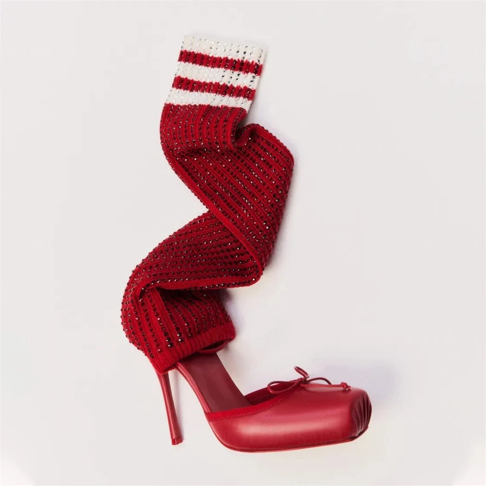 Rhinestone Socks Stiletto Booties Ballerina Bow Crepe Square Toe High Heel Pumps Multicolor Elegant Style Women's Mid-Calf Boots