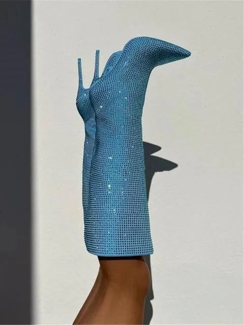 Rhinestone Women's High Boots Pointed Toe Slip-on Long Boots Women Boots High Heels Sexy Stiletto Ladies Party Shoes 2025 New