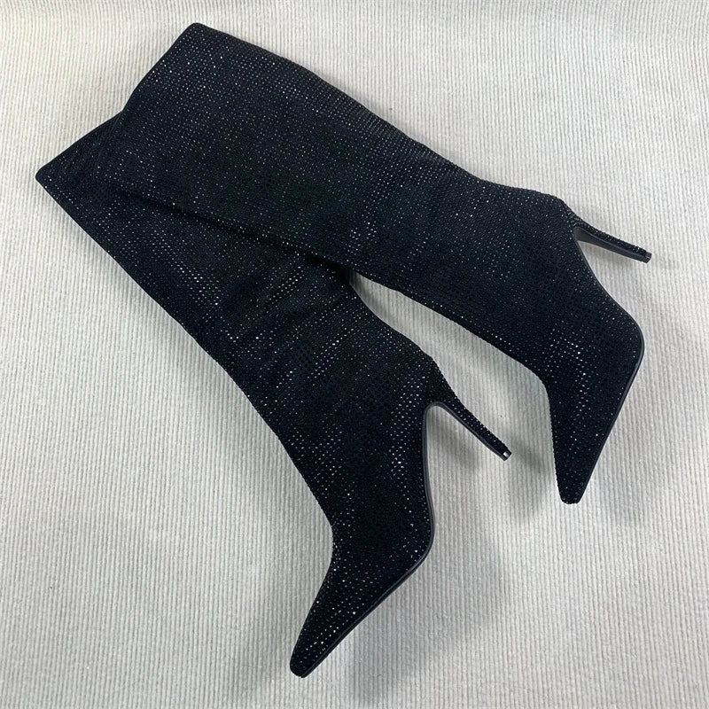 Rhinestone Women's High Boots Pointed Toe Slip-on Long Boots Women Boots High Heels Sexy Stiletto Ladies Party Shoes 2025 New