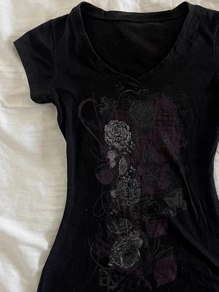 Gothic Girly T Shirts Korea Summer 2000s Casual  Femme's Clothing Vintage Rose print Harajuku Grunge  Gyaru Streetwear T Shirt