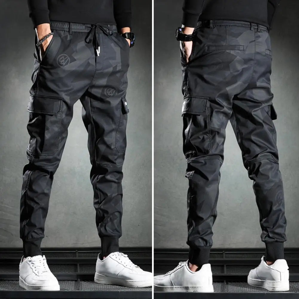 Men Cargo Pants Camouflage Print Drawstring Multi Pockets Bottoms Ankle Tied Trousers Autumn Elastic Waists Casual Sports Pants