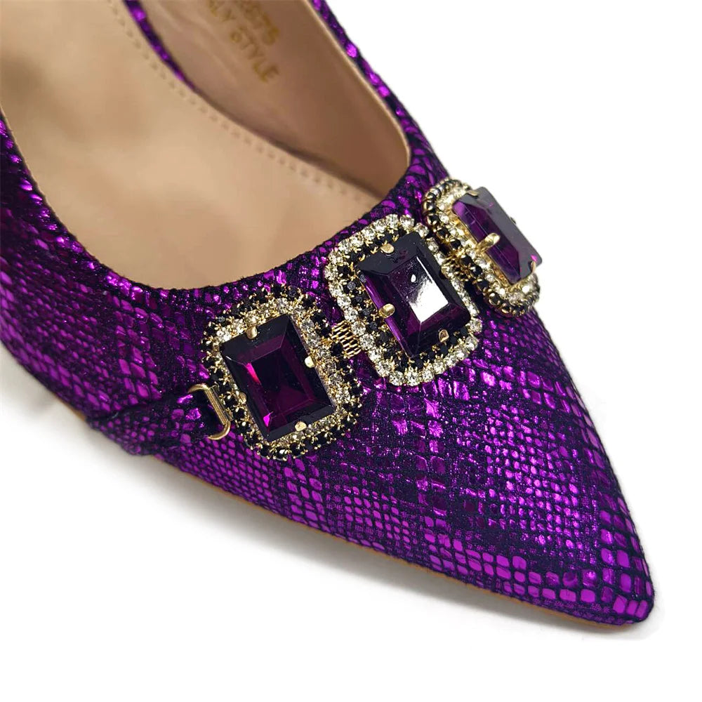 2024 Rhinestone Pointed-Toe High Heels Shoes and Bags Set for Women Wedding and Party Elegant Luxury Fashion in Wine Color