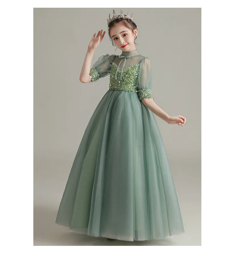 Children Clothing Green Dress for Girls 3 To 14 Year Elegant Formal Evening Dresses Long Luxury Cute Kid Wedding Party Ball Gown
