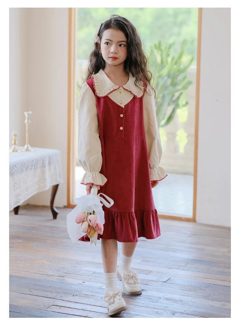 Girls Dress 2023 Winter Korean Style Children's Clothing Girls Fake Two-Piece Lapel Forest Fishtail Skirt Corduroy Princess Dress
