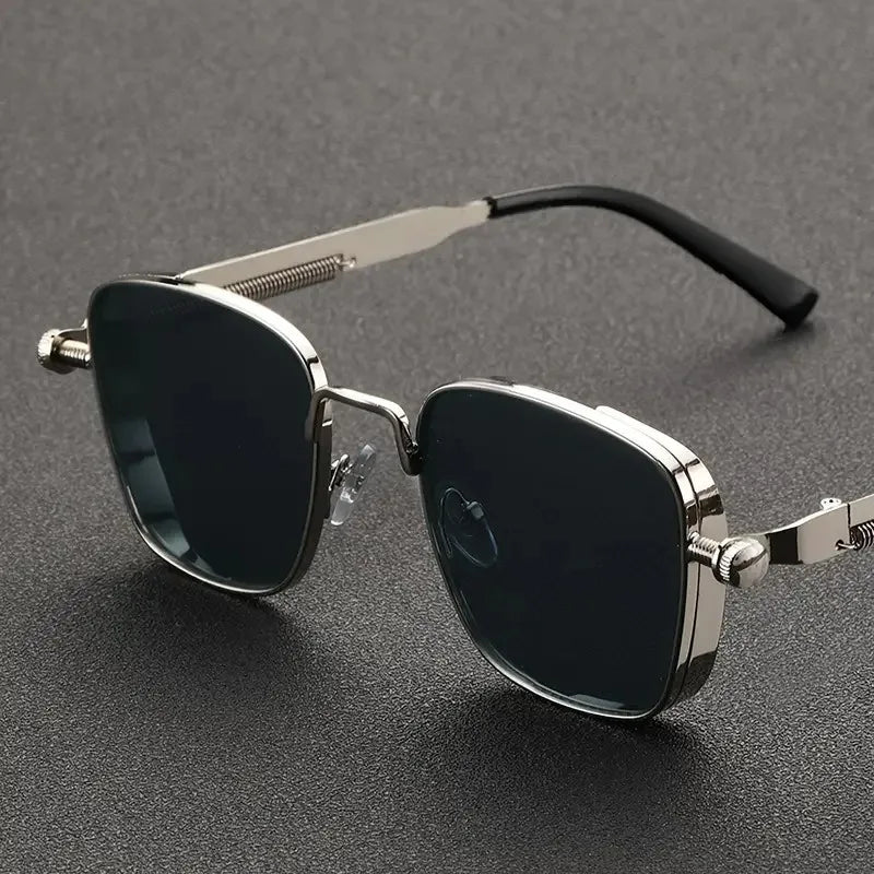 Men Driving Sunglasses Vintage Steampunk Square Sunglasses Metal Frame with Spring Hinges Women Eyepiece Trendy Driver Glasses