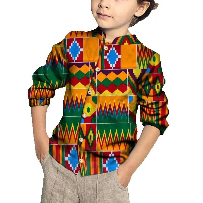 Kids Clothing Kids Boys African Fashion New Boy's Tops Bazin Riche African Wax Print Patchwork Cotton Shirt for Boys