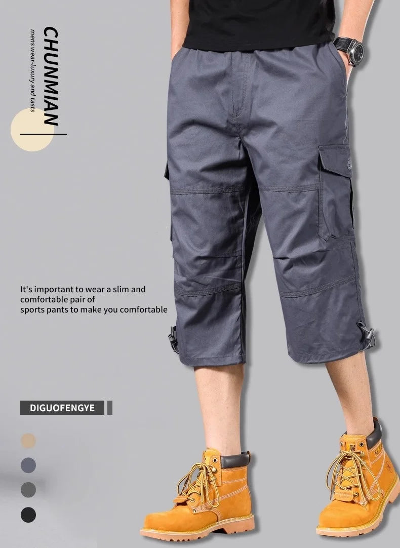 Knee Length Cargo Shorts Men's Summer Casual Cotton Multi Pockets Breeches Cropped Short Trousers Camouflage Shorts