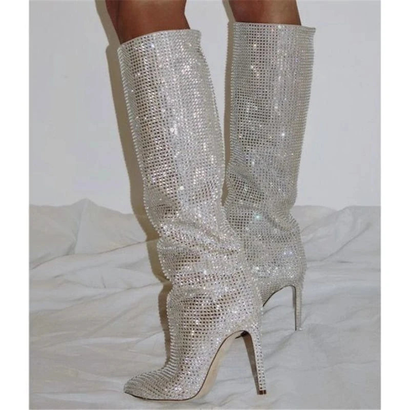 Rhinestone Women's High Boots Pointed Toe Slip-on Long Boots Women Boots High Heels Sexy Stiletto Ladies Party Shoes 2025 New