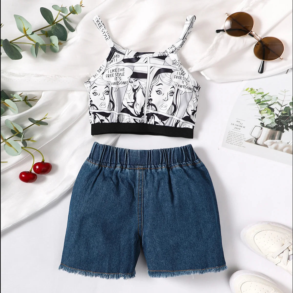 2PCS Kids Girl Clothing Set Character Print Sleeveless Top+Denim Shorts Fashion Personality Outfit for Children Girls 1-6 Years