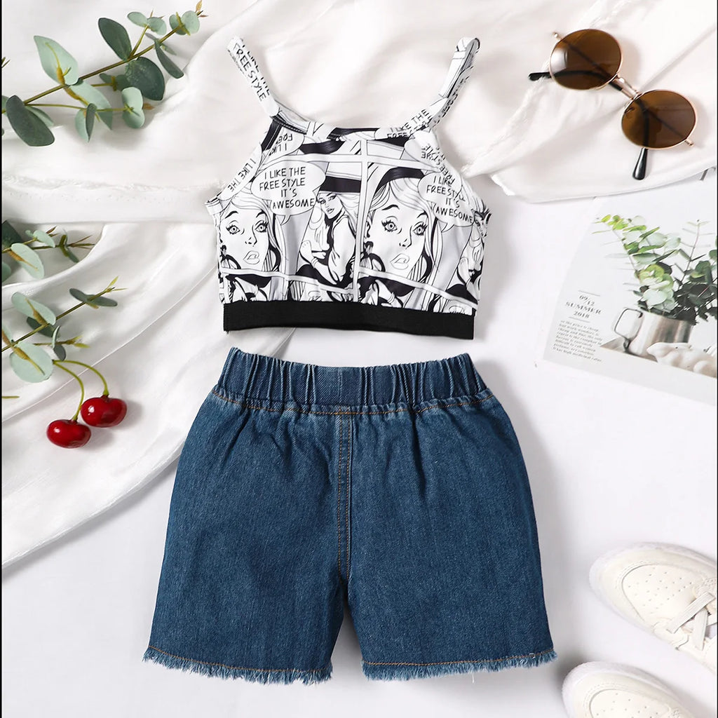 2PCS Kids Girl Clothing Set Character Print Sleeveless Top+Denim Shorts Fashion Personality Outfit for Children Girls 1-6 Years