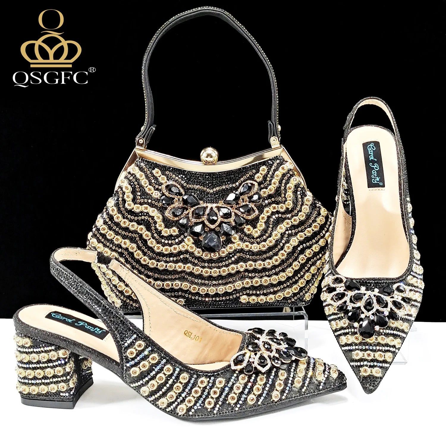 2024 Italian Design Full Rhinestone Comfortable high heel shoes And Bag Fashion Style Pointed-Toe Shoes For Women