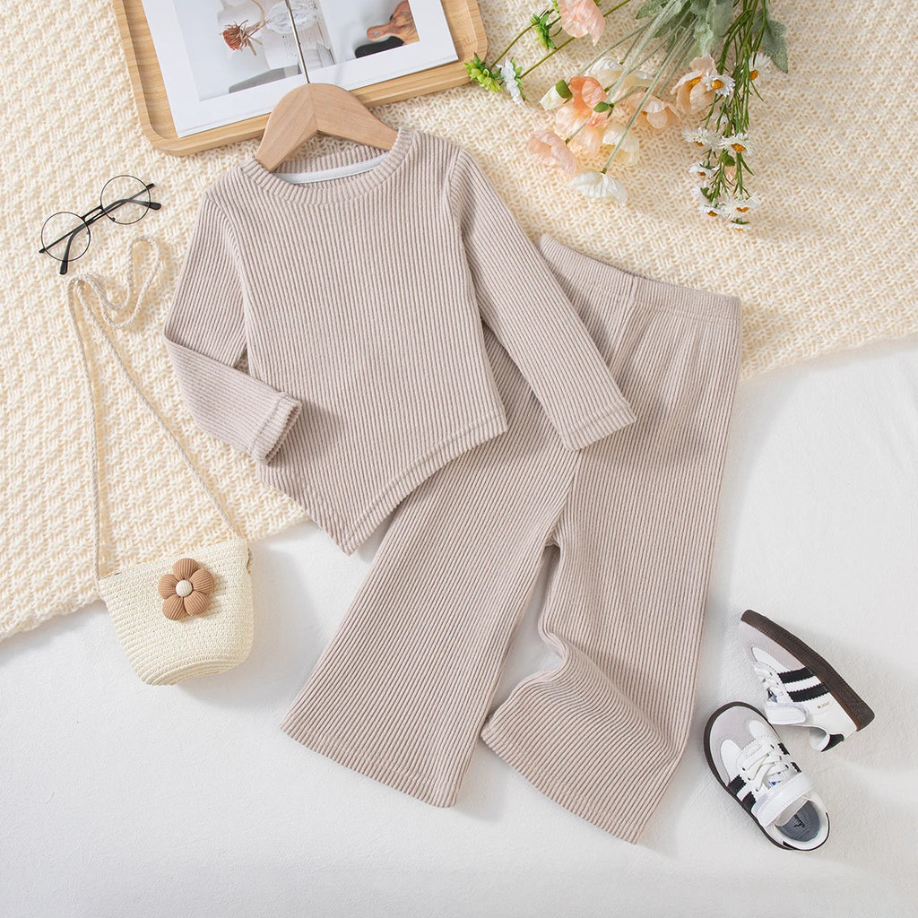 Girls' Solid-Colour Spring/Autumn Long-Sleeved Top and Casual Trousers Two-Piece Set, Trendy Outfit, Children's Fashion Clothing