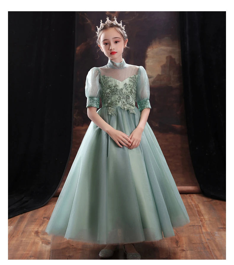 Children Clothing Green Dress for Girls 3 To 14 Year Elegant Formal Evening Dresses Long Luxury Cute Kid Wedding Party Ball Gown