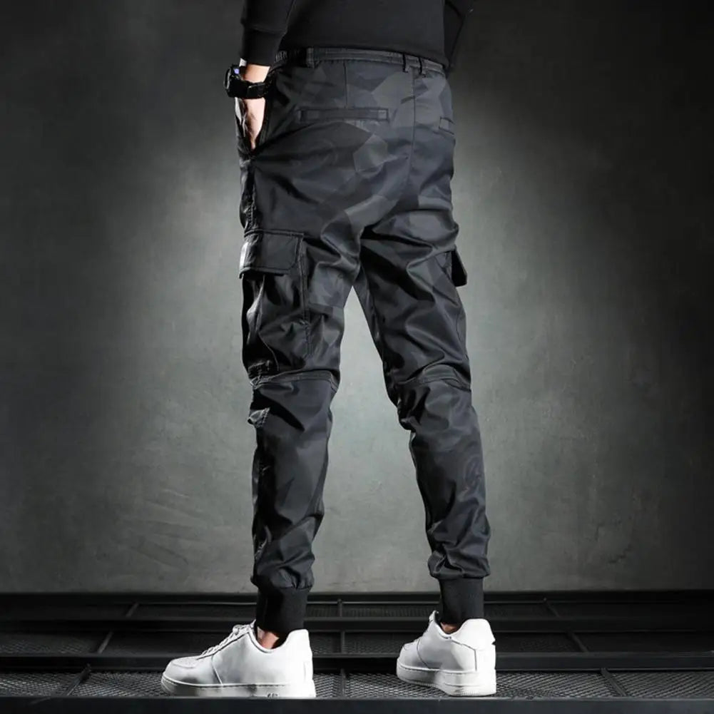 Men Cargo Pants Camouflage Print Drawstring Multi Pockets Bottoms Ankle Tied Trousers Autumn Elastic Waists Casual Sports Pants