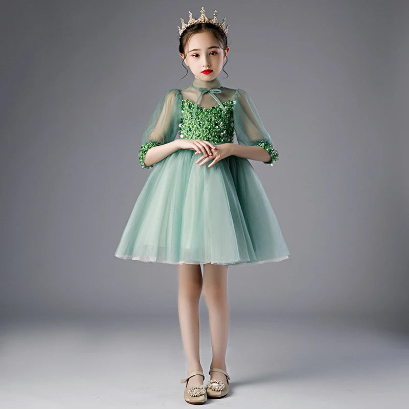 Children Clothing Green Dress for Girls 3 To 14 Year Elegant Formal Evening Dresses Long Luxury Cute Kid Wedding Party Ball Gown