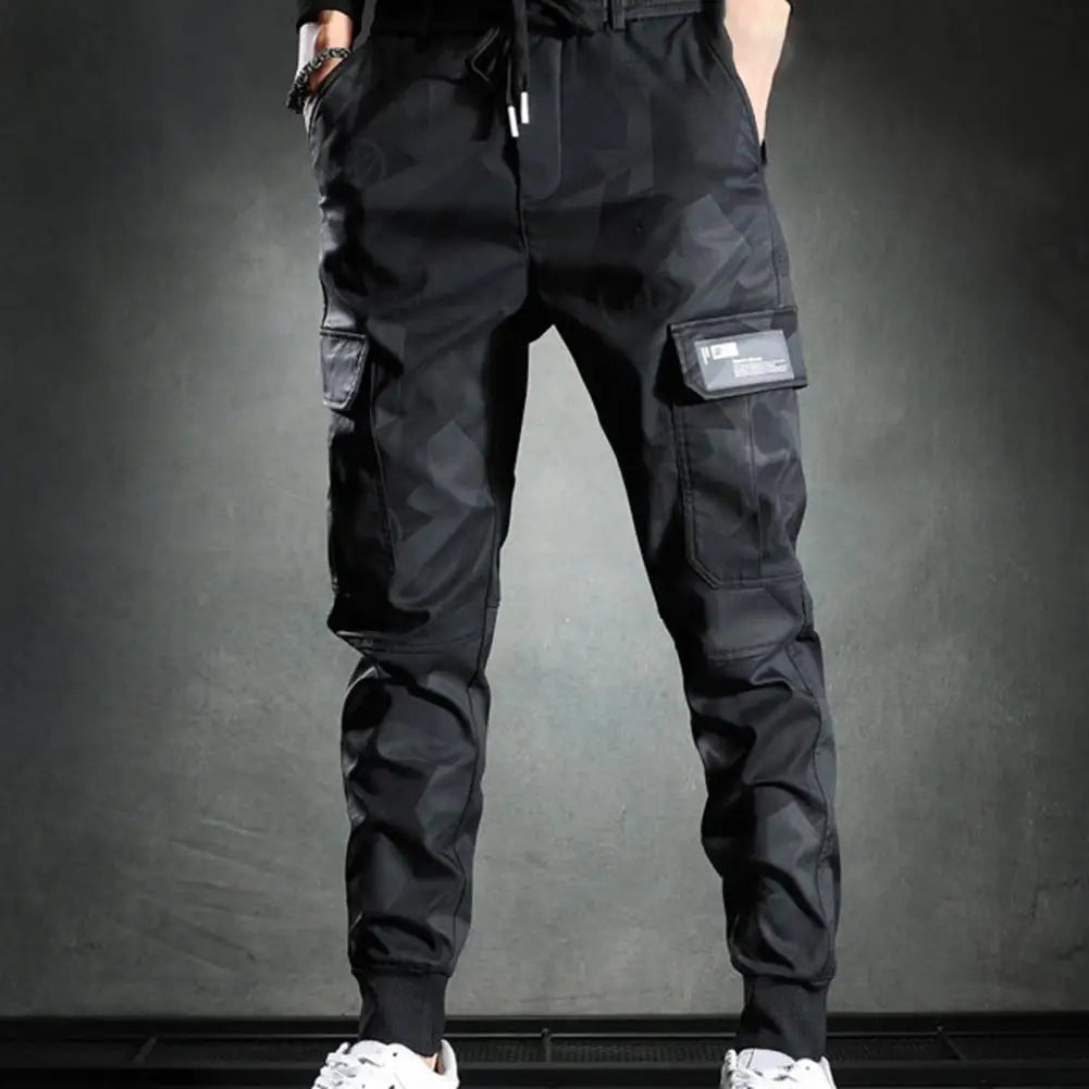 Men Cargo Pants Camouflage Print Drawstring Multi Pockets Bottoms Ankle Tied Trousers Autumn Elastic Waists Casual Sports Pants