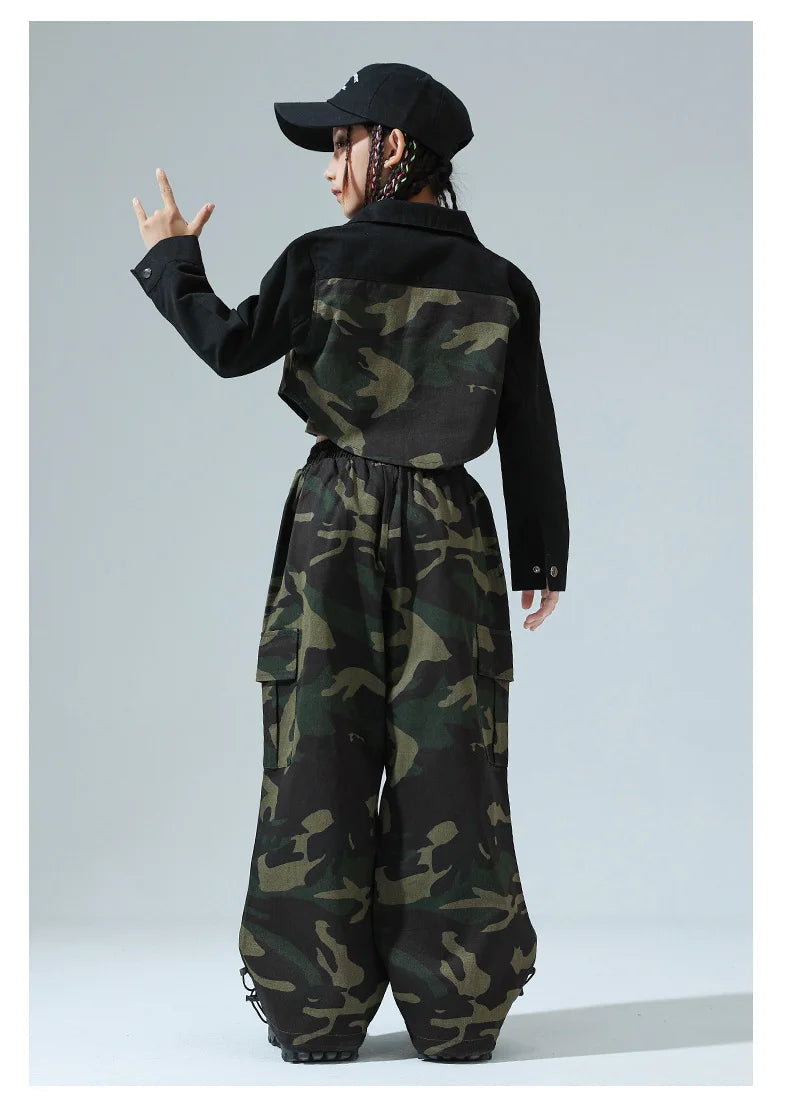 Girls Hip Hop Clothing Green Crop Top Camouflage Casual Wide Pockets Cargo Pants for Kids Jazz Dance Costume Clothes