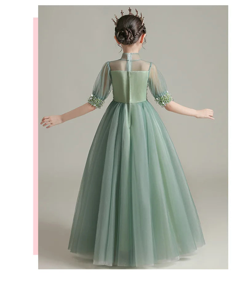 Children Clothing Green Dress for Girls 3 To 14 Year Elegant Formal Evening Dresses Long Luxury Cute Kid Wedding Party Ball Gown