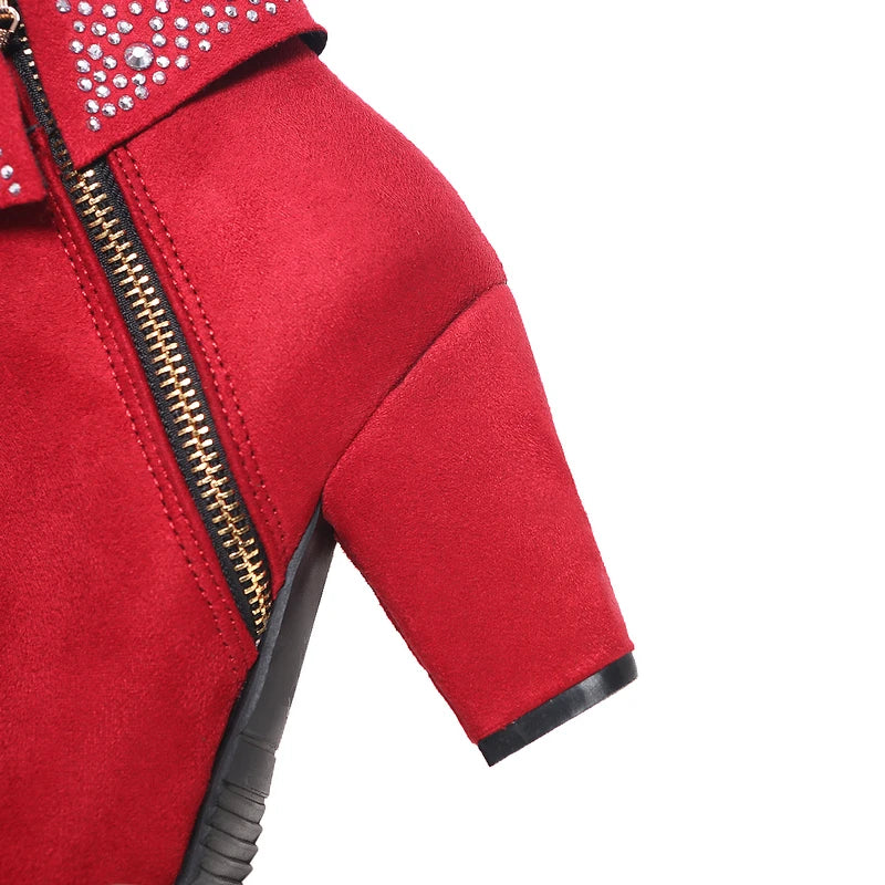 Rhinestone Crystal Sparkle Red Navy Blue Ankle Boots for Women Big Size 46 47 Zipper Chunky High Heels Bling Winter Warm Shoes