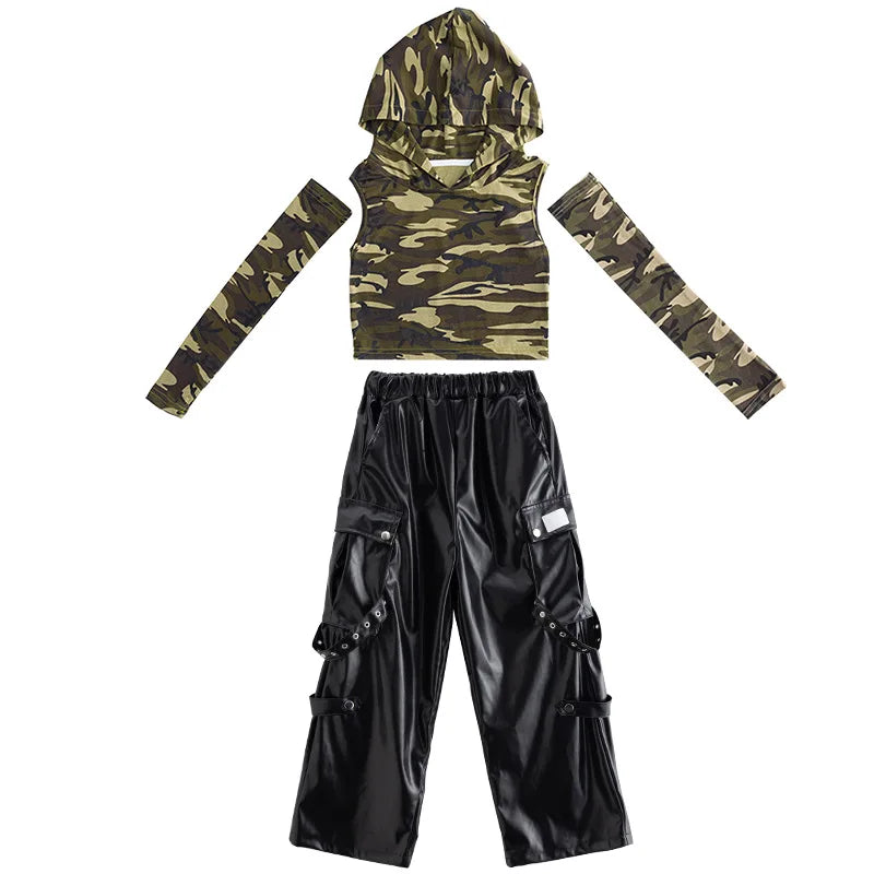 Girls Jazz Dance Costumes, Hip-hop Stage Costumes, Zumba Practice Clothes, Camouflage Children's Clothing Suits,10-12 Years Old