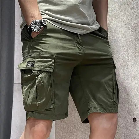 Half Men's Cargo Shorts Solid With Draw String Khaki Male Bermuda Short Pants Summer Korean Style Baggy Elastic Waist Homme Y2k