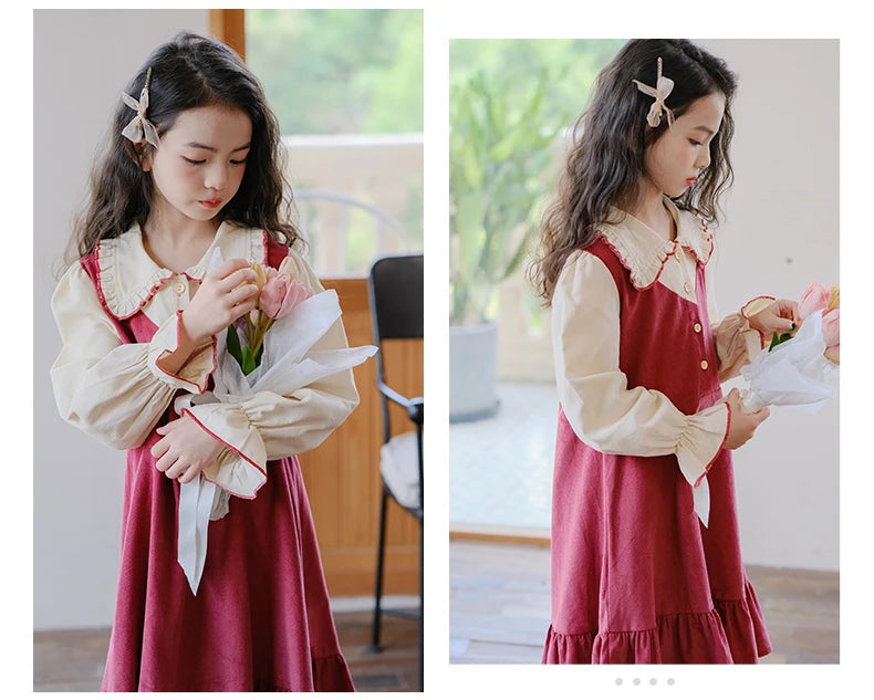 Girls Dress 2023 Winter Korean Style Children's Clothing Girls Fake Two-Piece Lapel Forest Fishtail Skirt Corduroy Princess Dress