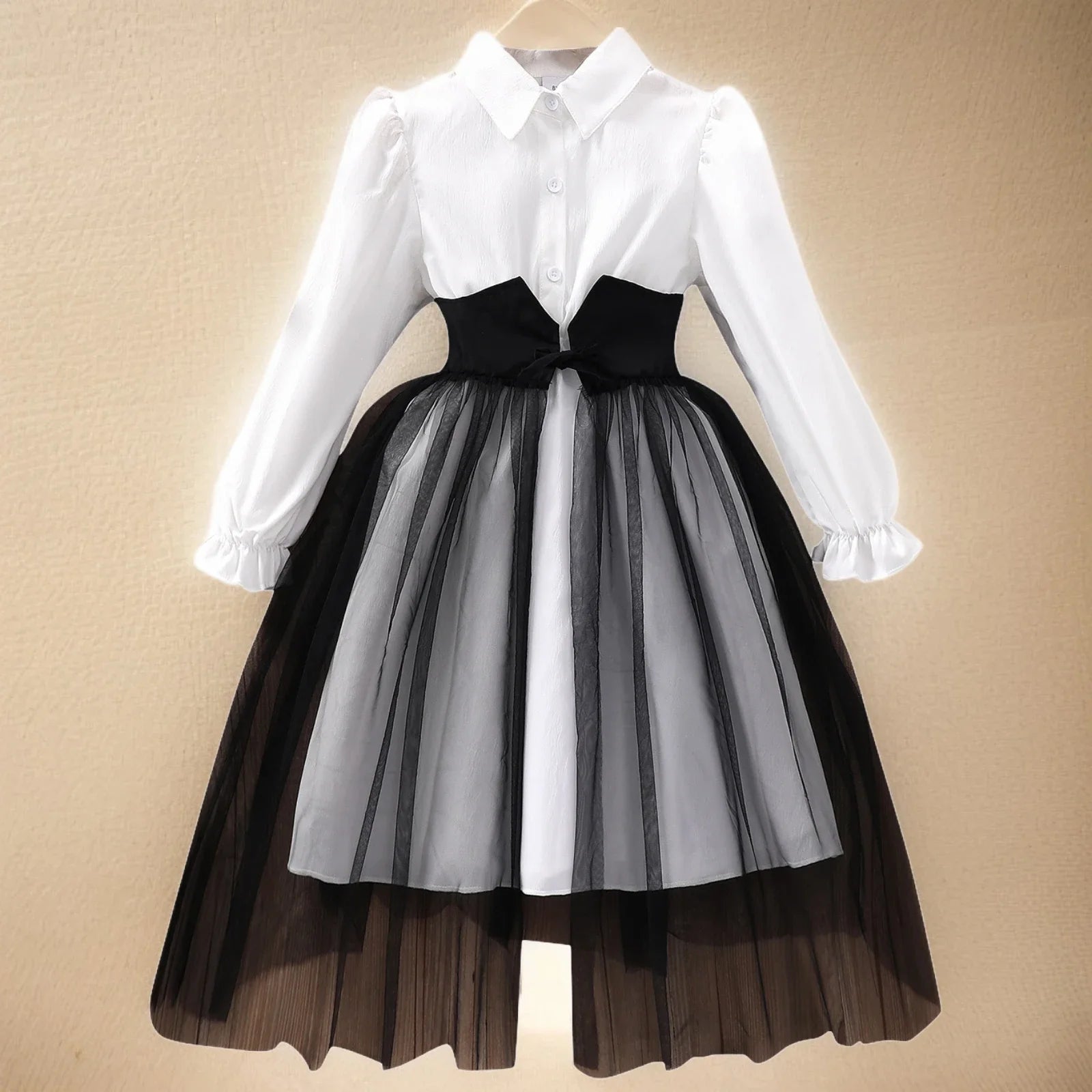 8-12Yrs Girls Clothing Elegant Party Dresses Kids Dress for Girl Long Sleeve Pure White Children Casual Dresses