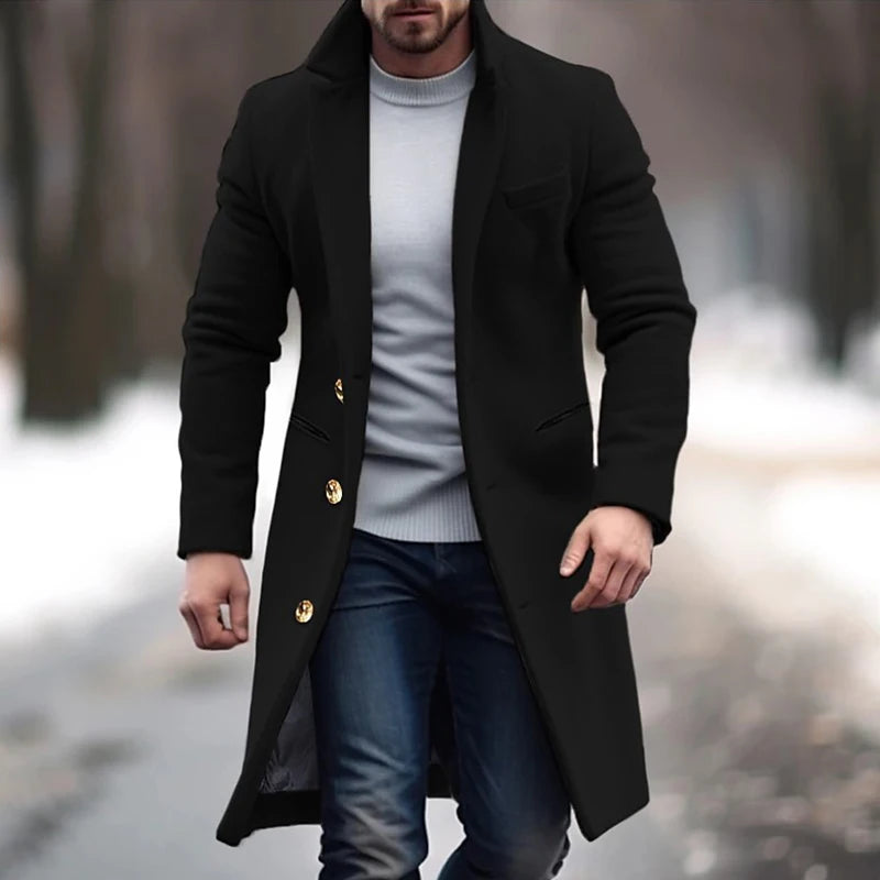 Stylish Solid Color Mens Trench Jacket Coat Autumn Winter Outdoor Casual Wool Blend Overcoats Men Vintage Single-breasted Coats