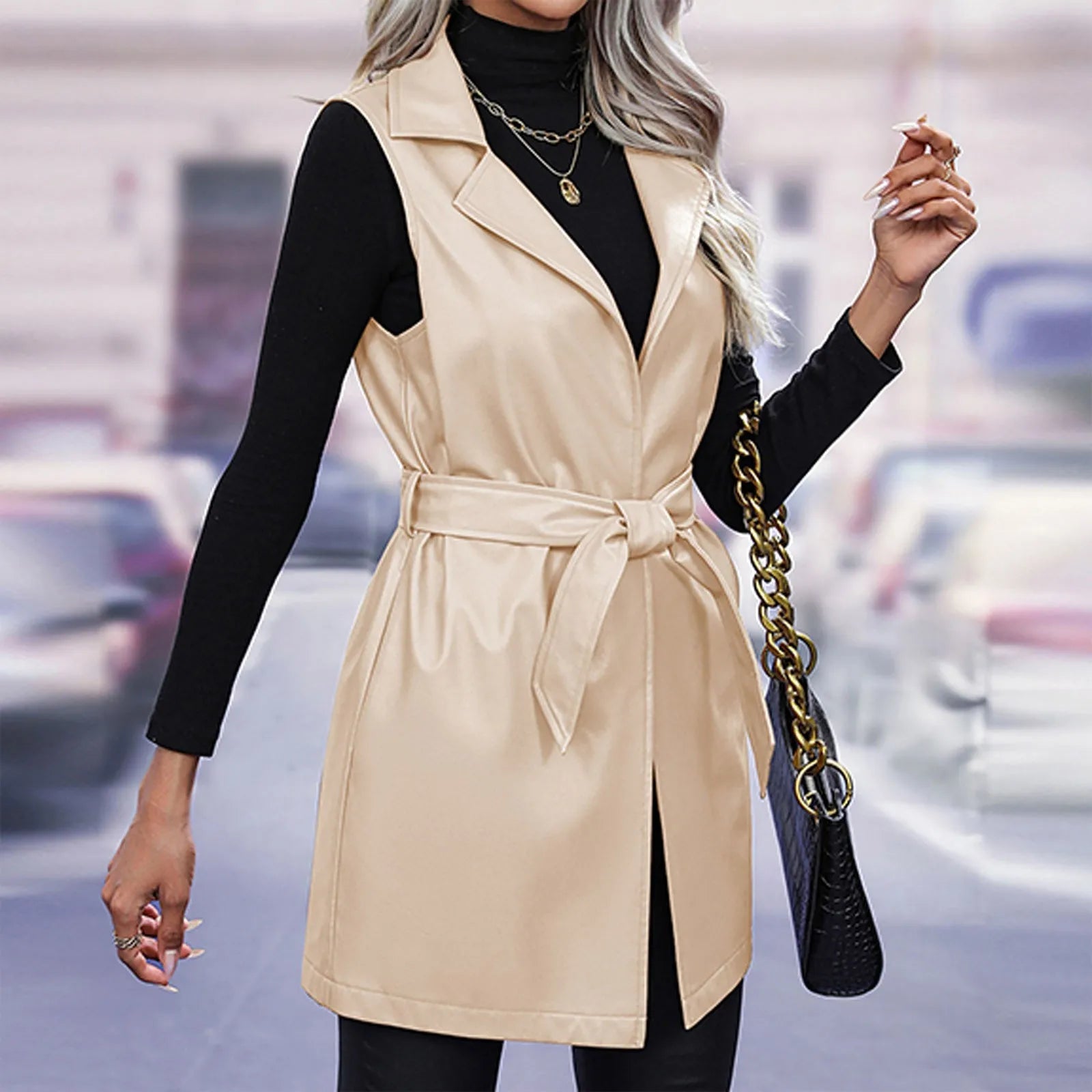 Women Jackets Fashion Leather Vest Sleeveless Coat Suit Collar Slim Spring Autumn Windbreaker Coat For Outdoor Daily Wear